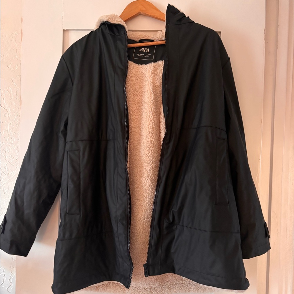 Zara Black Rubberized Rain Jacket with Cream Fleece Lining